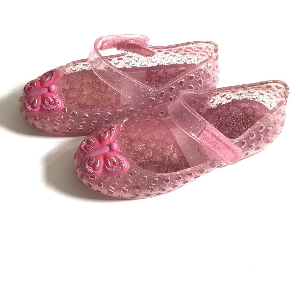 Girls Pink Glitter Jelly Mary Jane Shoes with Butterfly Accent